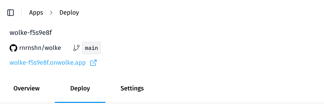Dashboard com tabs Overview, Deploy e Settings e URL público da app visível