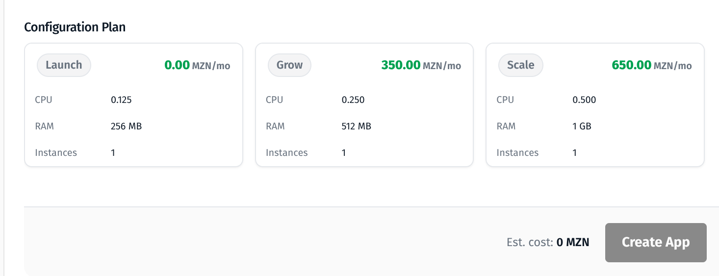 Tabela de planos Launch, Grow e Scale com preços e recursos
