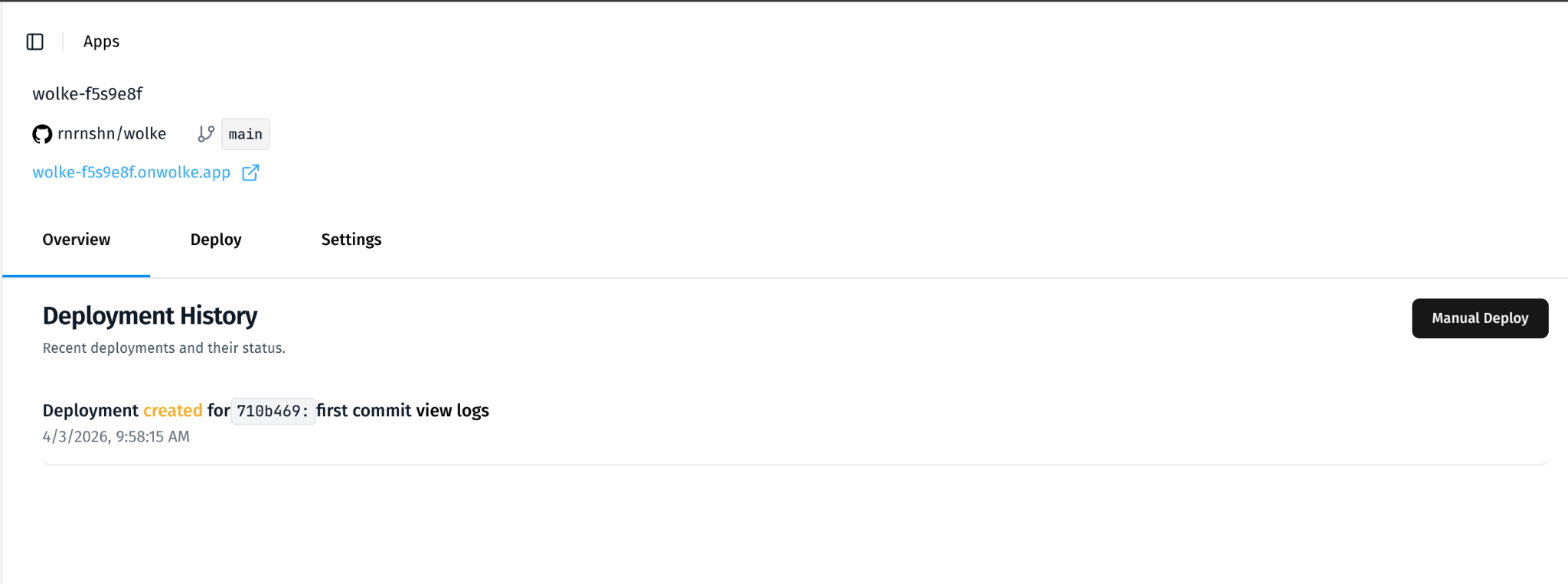 Dashboard da app com Deployment History mostrando o primeiro deploy como created